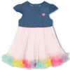 Bi-material dress with ruffles