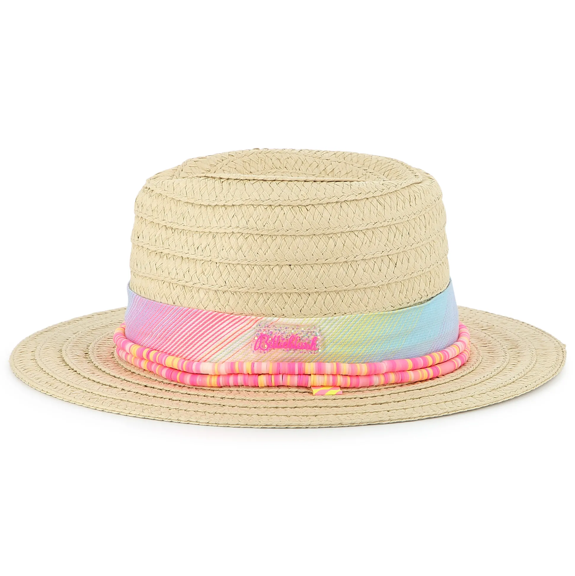 Hat with striped pearl ribbon